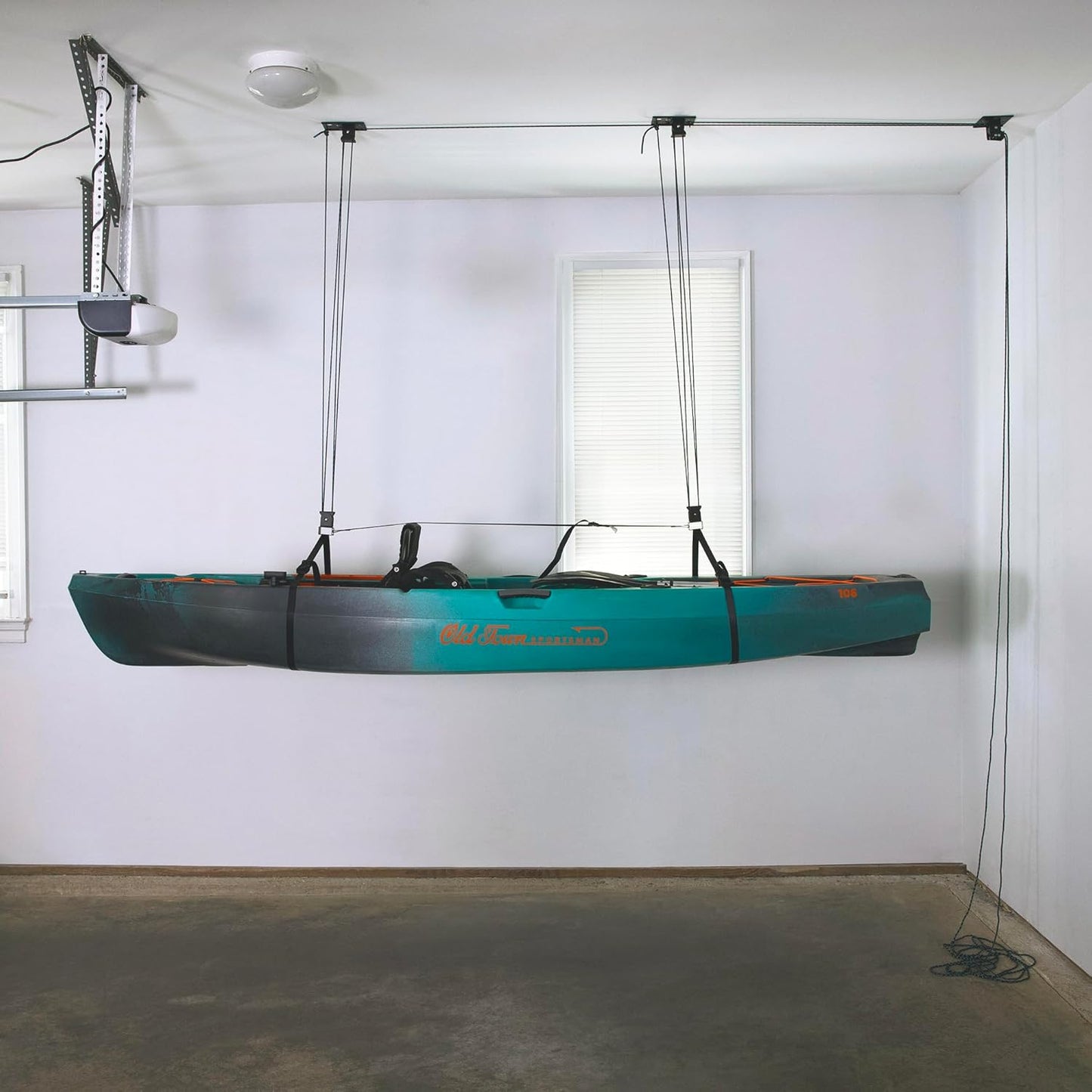 Teal Triangle Heavy Duty Elite Kayak Hoist, Easy-Lift Garage Pulley System, Holds 150 lbs, Fits 12-Foot+ Ceilings, Patented No-Slip Strap, No Setup Required