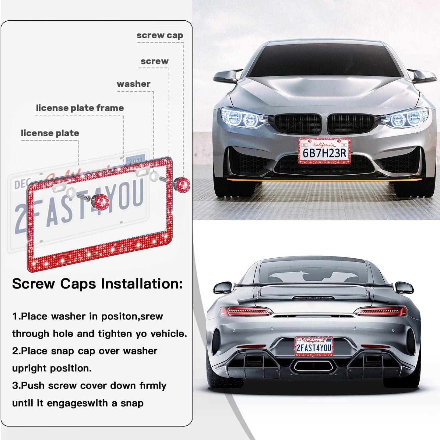 2 Pack License Plate Frames for Women, Sparkly Rhinestone Diamond Car Accessories with Glitter Crystal Caps (Red(2PCS))