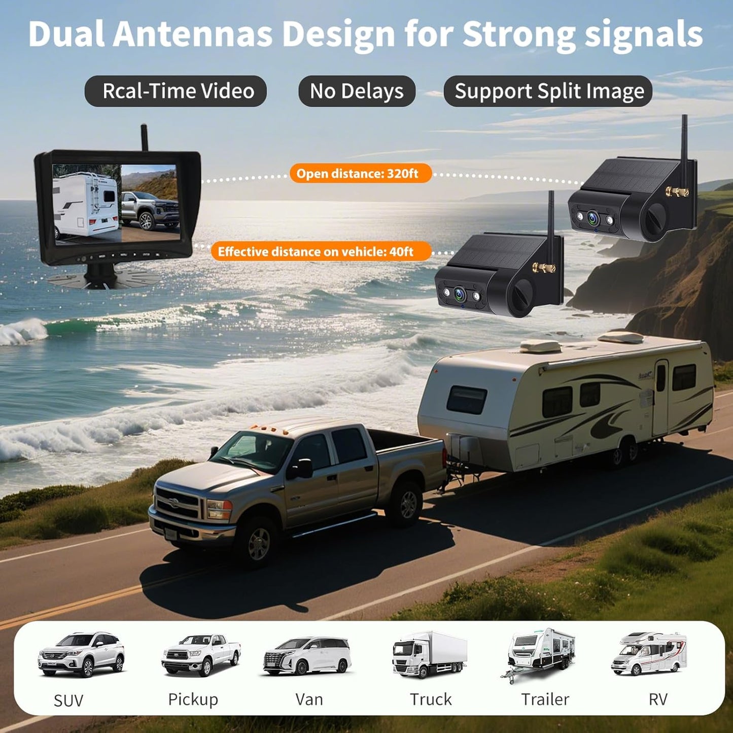 Solar Wireless Backup Camera Magnetic, 7 Inch Portable Installation RV Backup Camera, 1080P HD Rear View Camera, Rechargeable 7'' Monitor Kit for Car, IR Night Vision, 150° Wide Angle, DIY Guide Lines