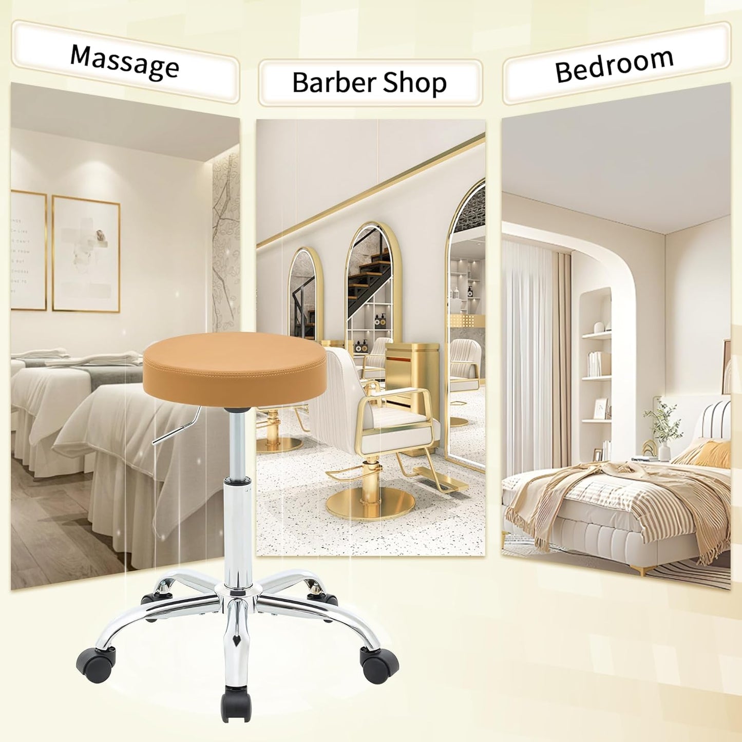 Rolling Massage Chair, Adjustable Hair Cutting Stool 19.5’’-26.6’’, Camel Brown Vanity Stool with Wheels (Camel Brown)