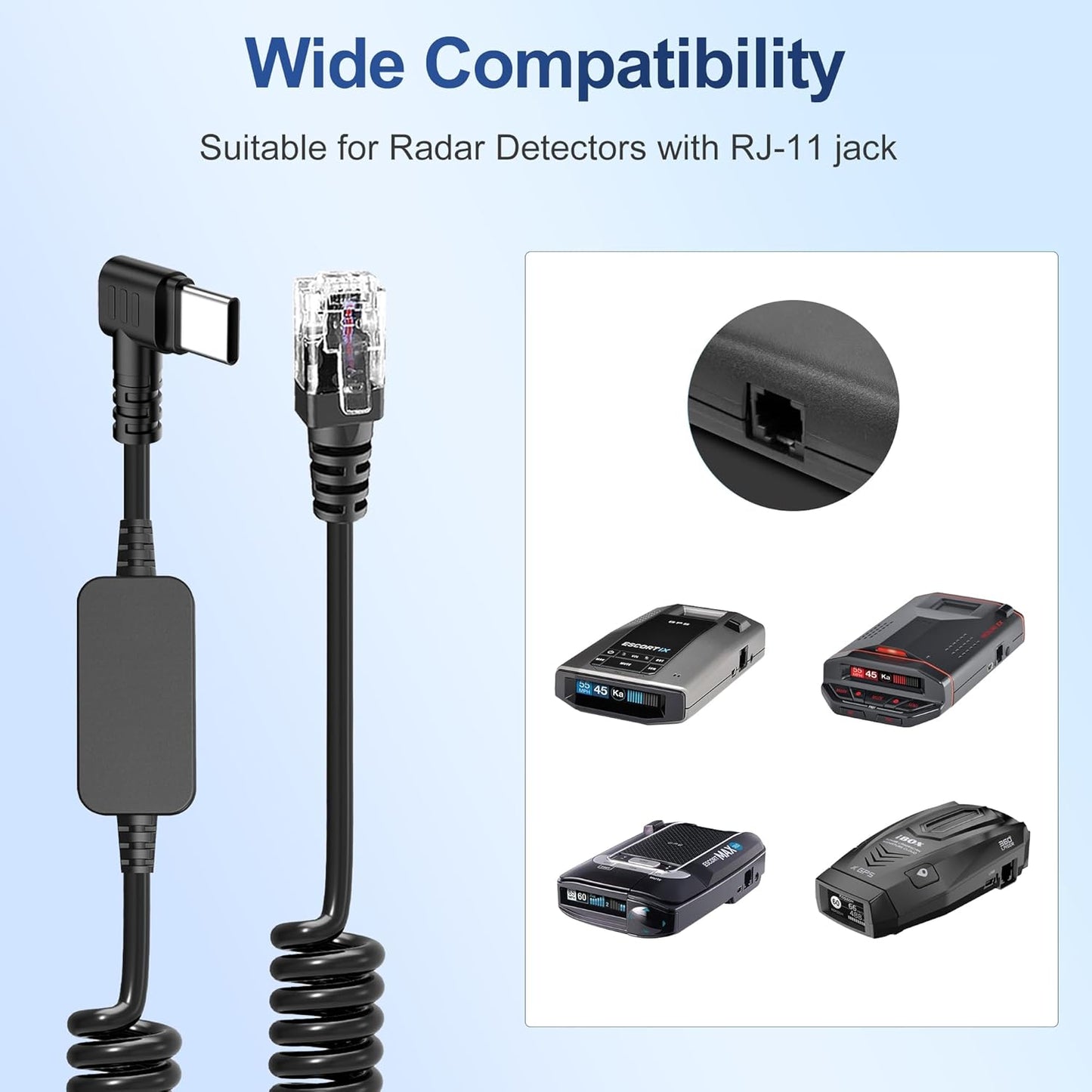 Radar Detector Cable，USB CTo RJ11 Plug Cable 5V-12V Power Cord, Compatible with Escort Radenso XP Beltronics Cobra Whistler 9.8FT, Suitable for 12V Radar detectors