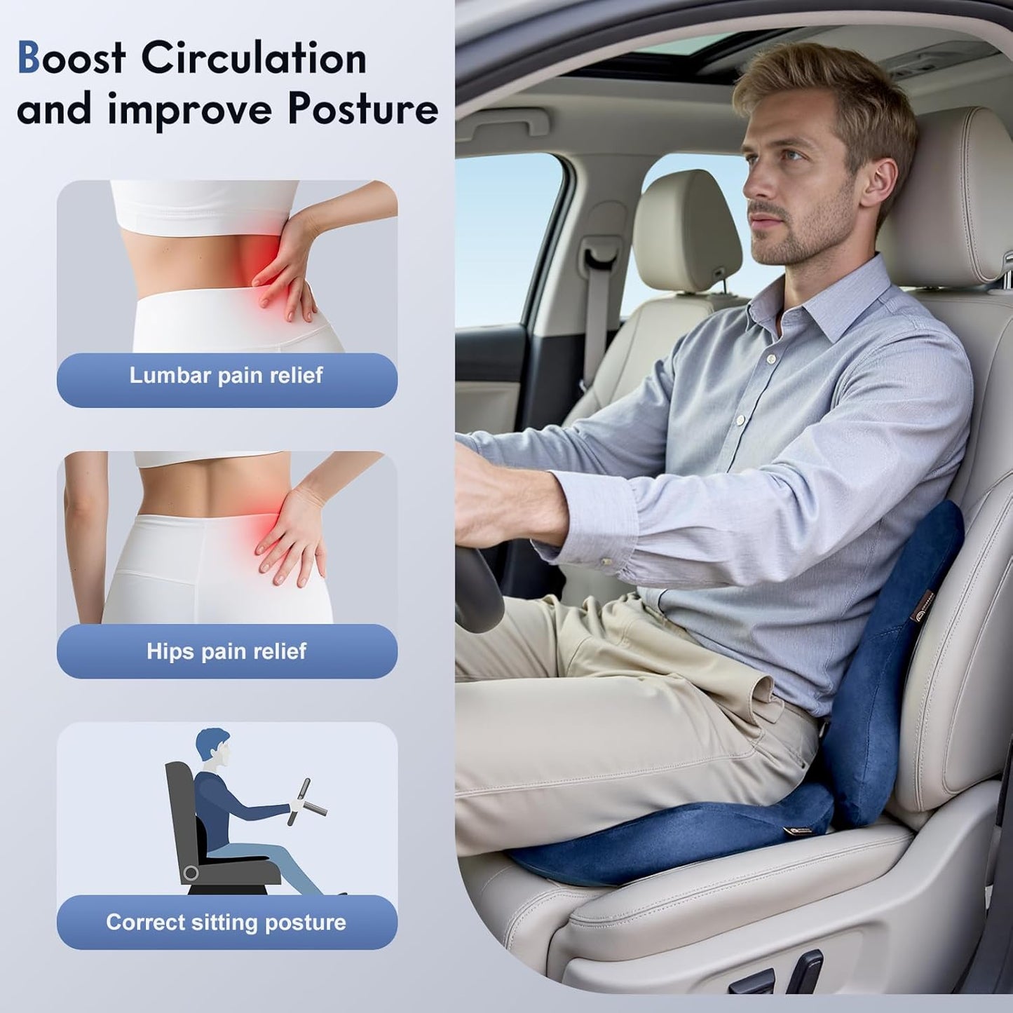 Coverado Memory Foam Car Seat Cushion and Lumbar Support Pillow for Car, Ergonomic Office Chair Cushion for Lower Back Pain Relief, Breathable & Non-Slip for Car, Home, and Office Use, Blue