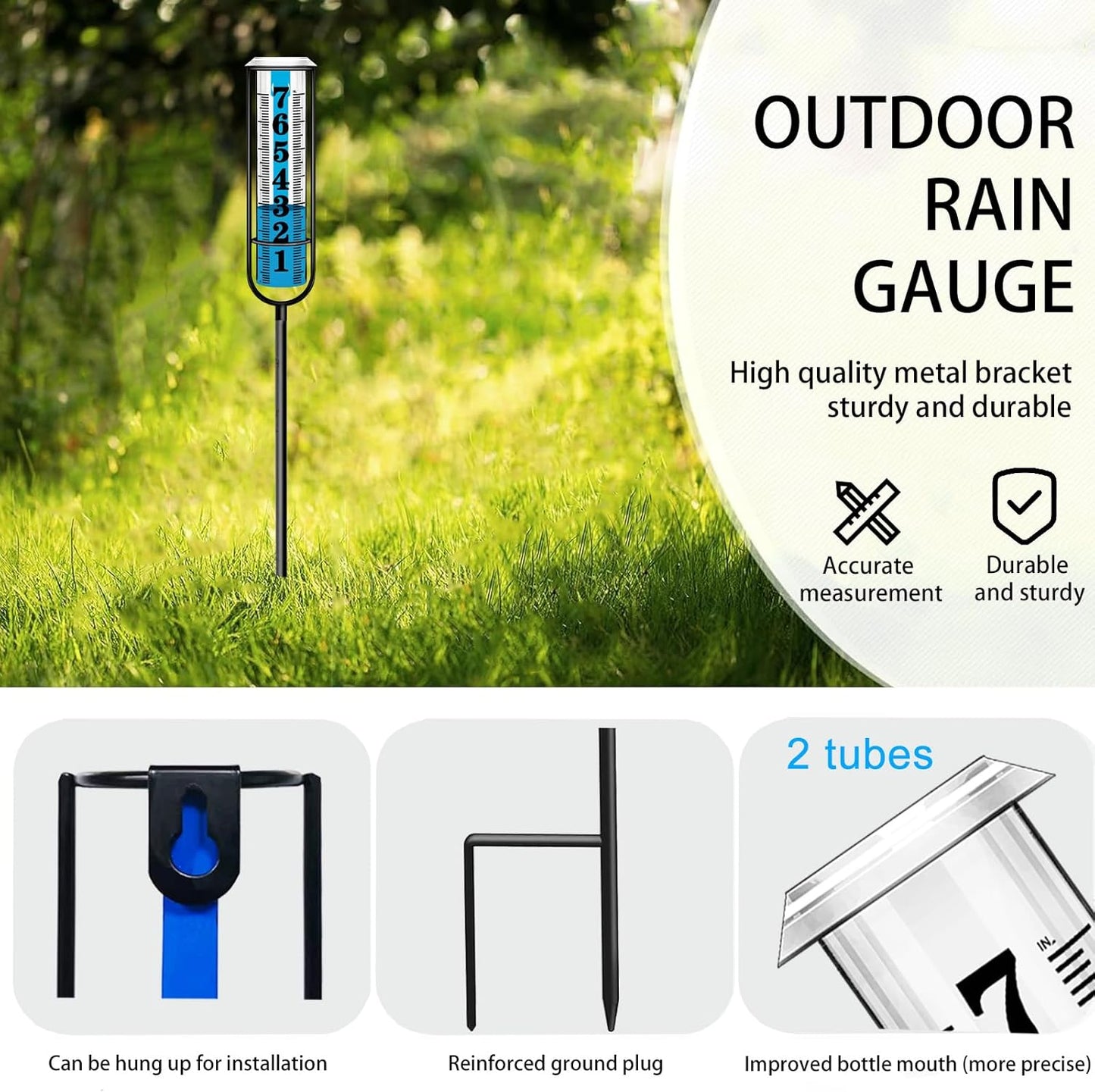 Rain Gauge Outdoor, Freeze Proof Rain Gauges Outdoors Best Rated, 7" Capacity Large Clear Font and Scale Rain Guage with Long Stake for Yard Garden, Rain Water Meter with Two Plastic Replacement Tube