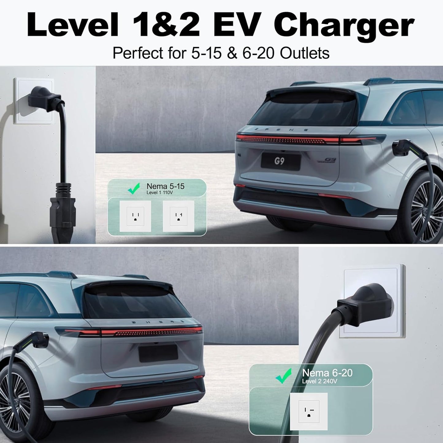 Level 1&2 EV Charger, Electric Vehicle Portable Charger with 20FT Cable, 3.5KW 16Amp Home EV Car Charging Station, 110V-240V NEMA 6-20 & NEMA 5-15 Plug Adapter, for All SAE J1772