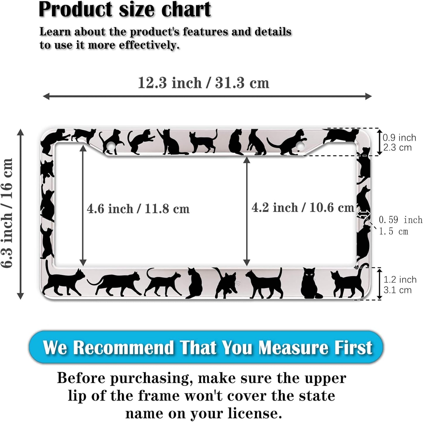 License Plate Frames for Women Black and White License Plate Frame for Men Black Cat Aluminum Metal Car Accessory 2 Pack with Screw Covers Set