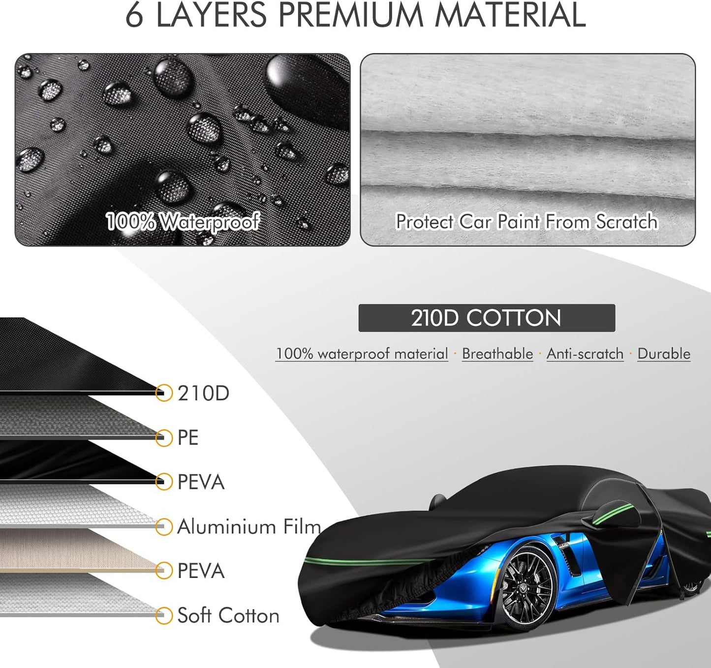 for Corvette 2014-2019 C7 Car Cover 210D Outdoor Waterproof UV Protection, with Cotton Layer, Zipper Door, Reflective Strip, Storage Bag, for Chevy C7