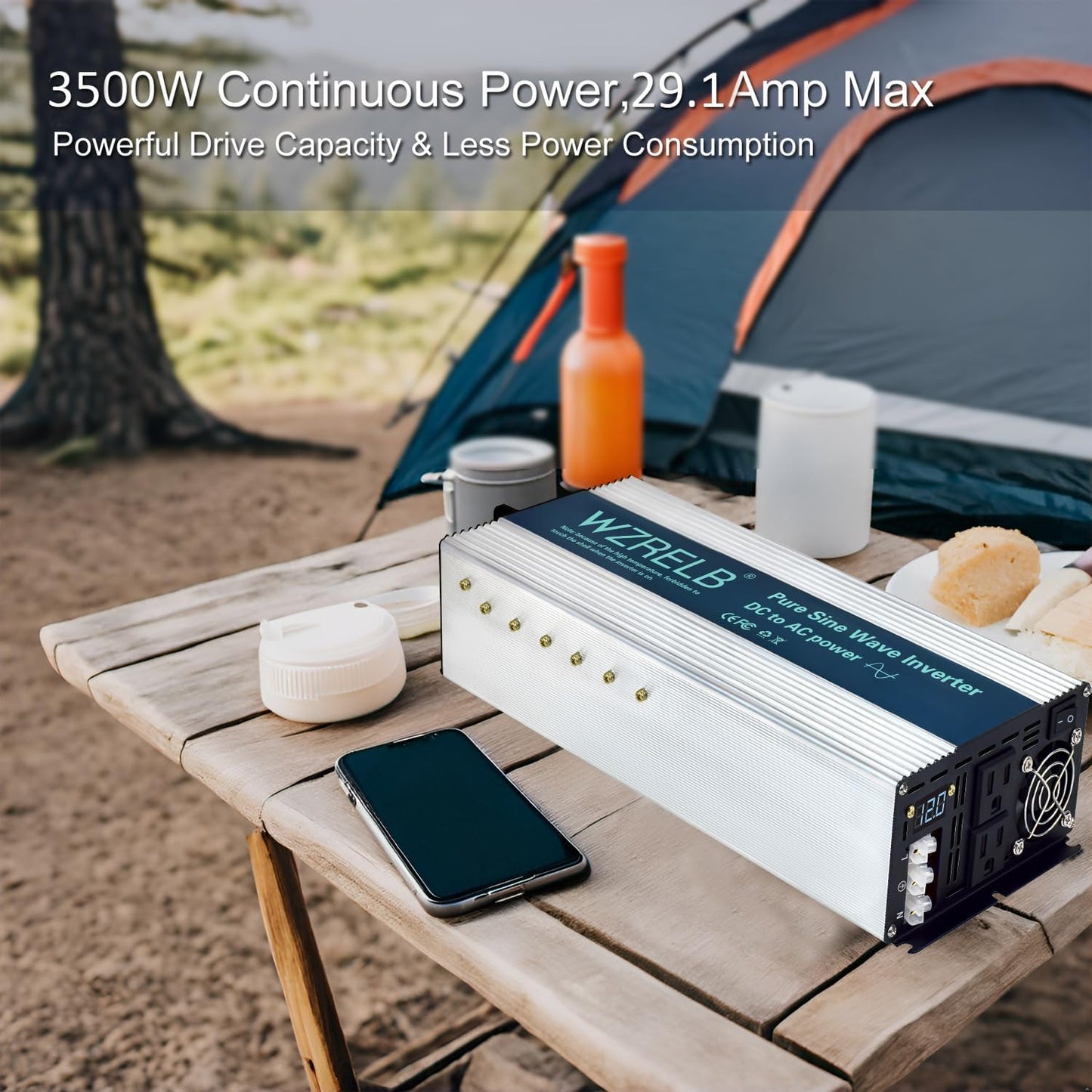 WZRELB 3500W Pure Sine Wave Inverter, Car Power Inverter 36V DC to 110V 120V AC Converter for RV, Truck, Solar, Outdoor with Dual AC Outlets, Hardwire Port, Surge 7000W, LED Display,Off-Grid