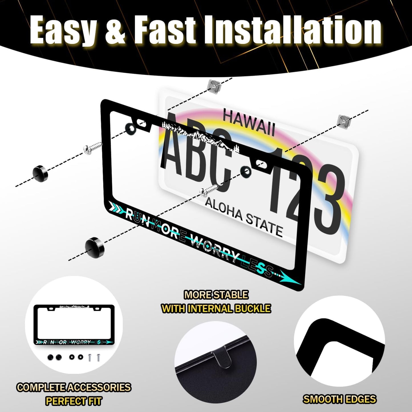 Run More Worry Less License Plate Frame Mountain Arrow License Plate Holder Stainless Steel Front and Rear Car Tags Auto Parts Funny License Plate Decoration with Screws Men Women 12.2" x 6.2"