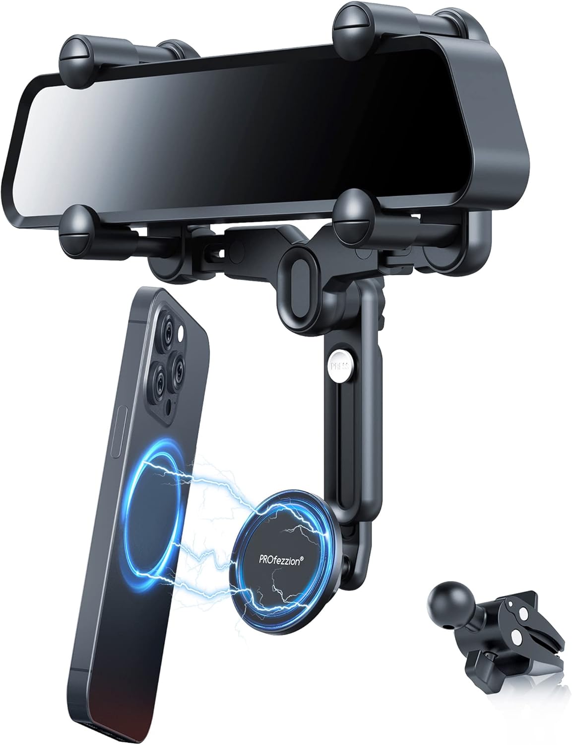 PROfezzion Rearview Mirror & Vent Clip Combo Magnetic Phone Holder Compatible with MagSafe on Car Rear View Mirror for iPhone 16 15 14 13 12 Pro Max Plus, MagSafe Case & All Phones [No Vibrating]