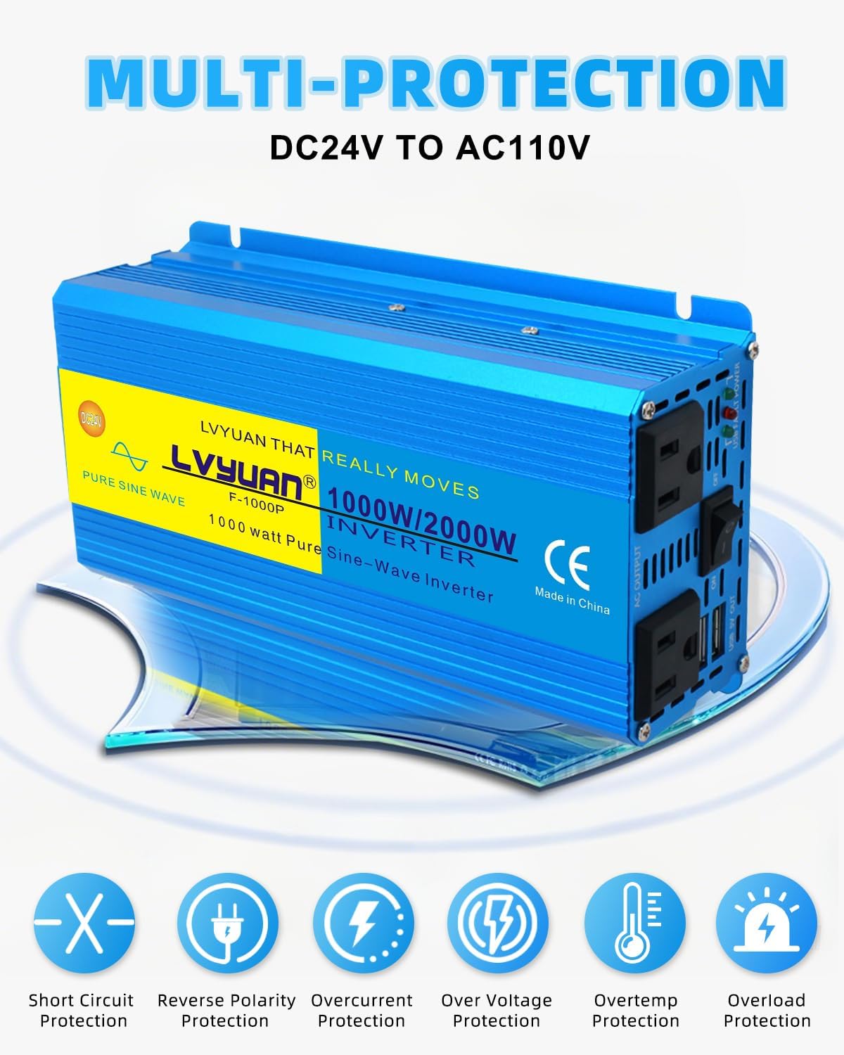 LVYUAN 1000 Watt Pure Sine Wave Inverter 24V to 110V / 120V DC to AC with U.S. Outlet, USB Charger Ports, Car Power Inverter for Vehicles, RV, Outdoor, Home