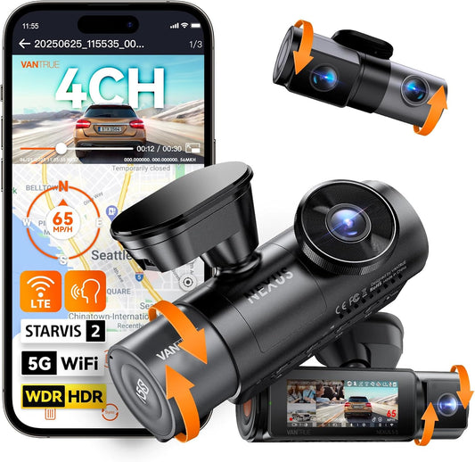 Vantrue N5S 4 Channel 360 Degree WiFi Dash Cam, STARVIS 2, IR Night Vision, 2.7K+1080P*2+1440P Front Rear Inside Dashcam, Voice Control, GPS, 24 Hours Parking Mode, LTE Support, Support 1TB Max