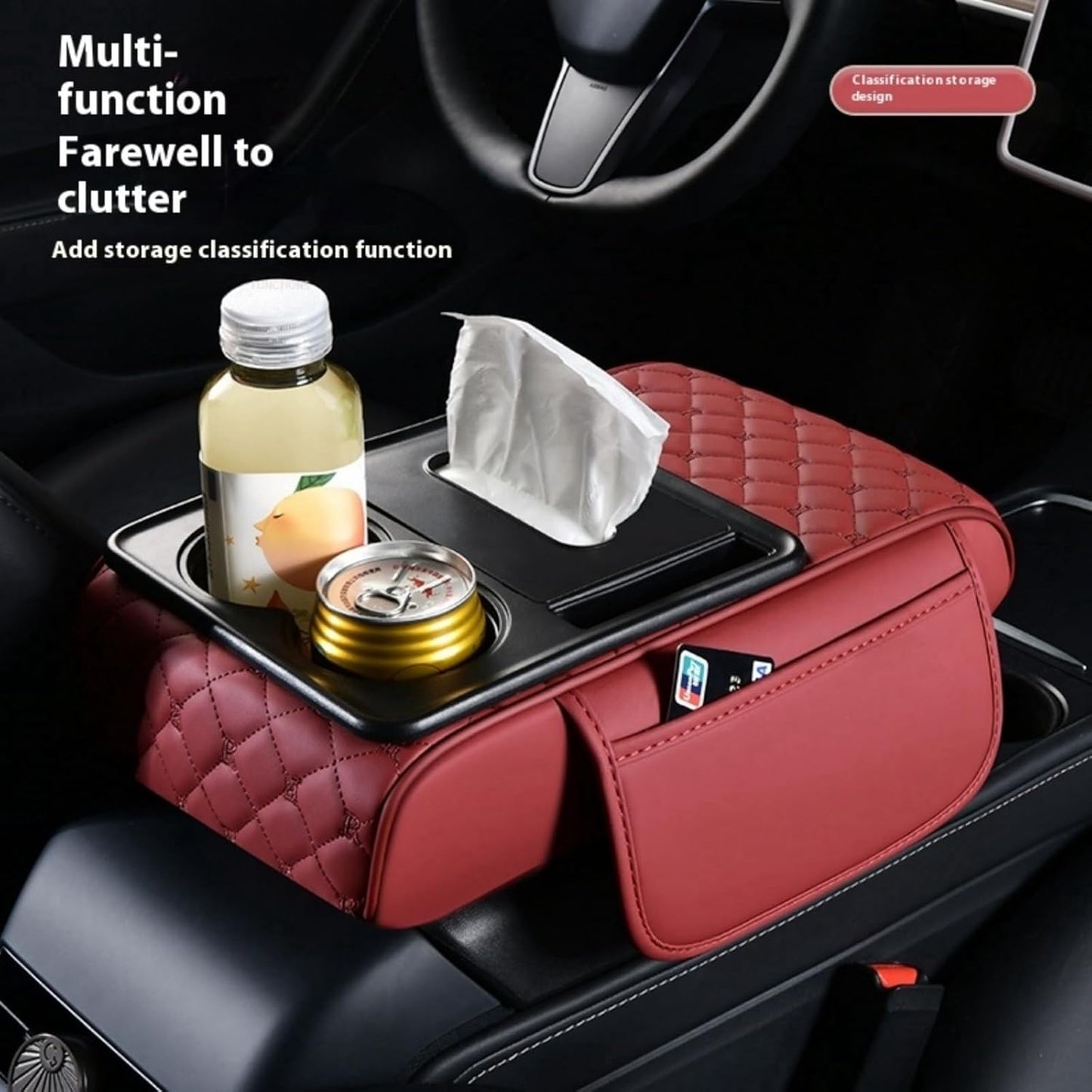 Center Console Cover Organizer, 5-In-1 Arm Rest Cover for Car with Cup Holder & Storage Pocket & Tissue Holder, Armrest Cover Cushion Pad, Grid, Red