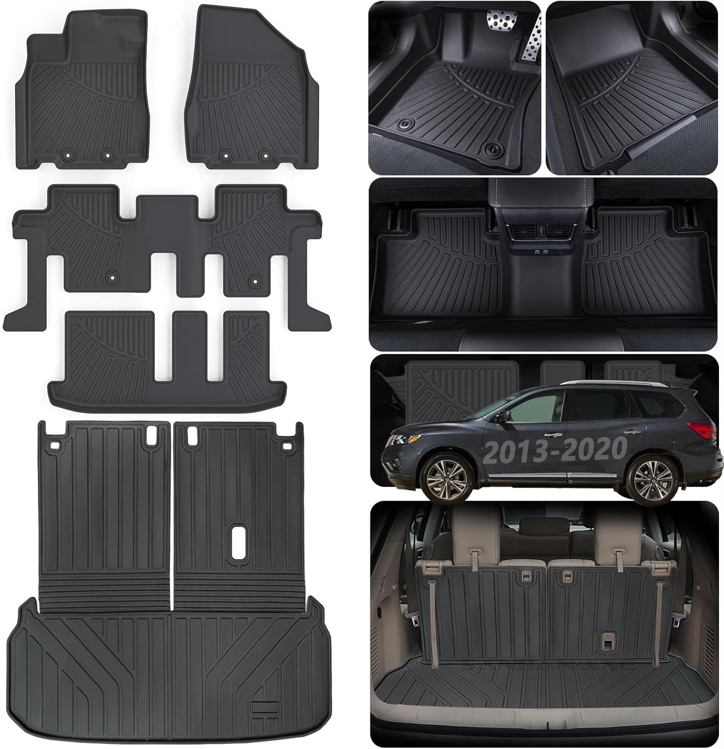 Floor Mats & Trunk mat For 2013-2019 2020 Nissan Pathfinder 2013 Infiniti JX35 2014-2020 Infiniti QX60 TPE All Weather Protection 3 Rows Car Floor Liners & Cargo Liners With Velcro Backrest