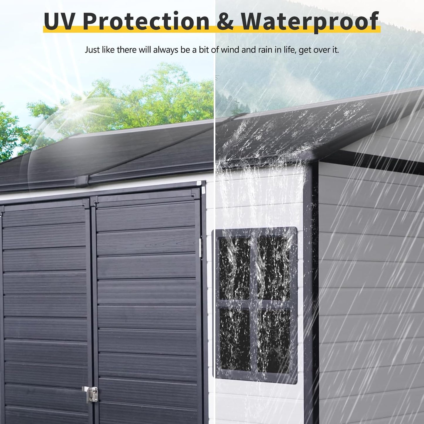 8x6 FT Outdoor Storage Shed, Resin Garden Shed with Thick Floor, Plastic Storage Shed with 2 Windows, Waterproof Outside Tool Shed with Lockable Hinged Doors for Backyard, Patio, Lawn, Black+White