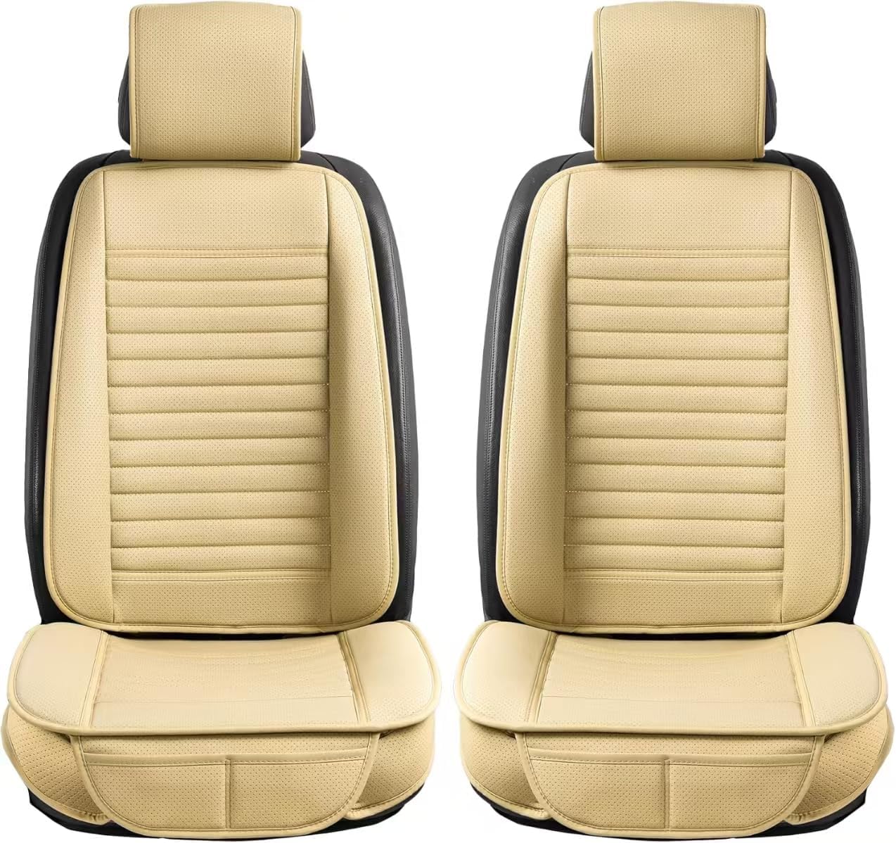 Universal Leather Car Seat Covers Full Set, Car Seat Cushion Covers Protector for Cars SUV Pick-up Truck Van Interior Accessories(Beige)
