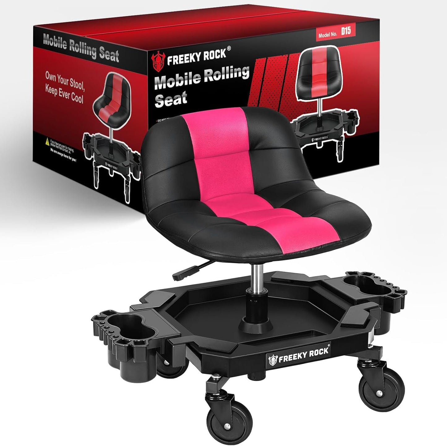 Rolling Stool with Wheels, Adjustable Height Pneumatic Garage Work Mechanic Stool Seat with Backrest, 400 LBS Capacity 360° Swivel Mechanic Crepper Chair with Tool Tray Storage, Pink