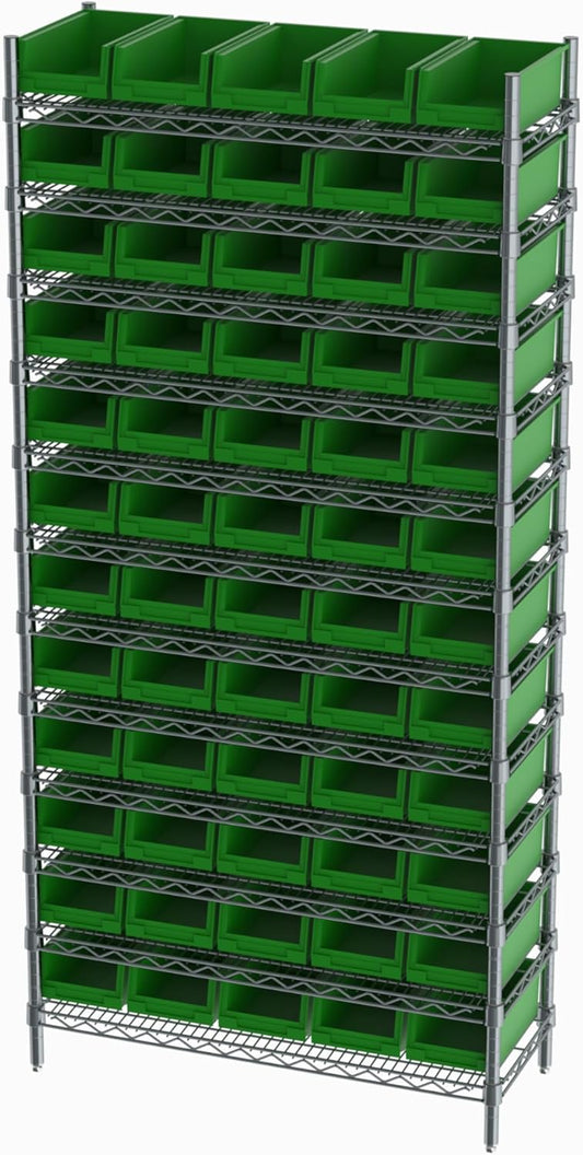 Hudson Exchange 36x14x74, 12-Tier (60 Bins Included), Industrial Wire Shelving Unit with Storage Shelf Bins, Chrome Rack (Green)