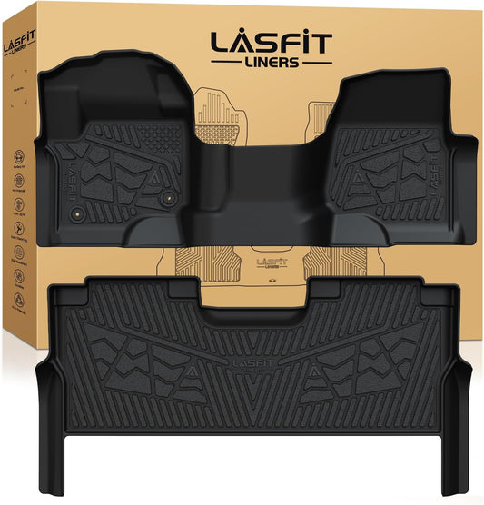 LASFIT Floor Mats for Ford F250 F350 F450 2017-2025 Crew Cab Front Bench Seat | Rear W/Fold-Flat Storage Carpet Floor Super Duty All Weather Protector TPE Car Floor Liner, 1st & 2nd Row, 2pcs Black