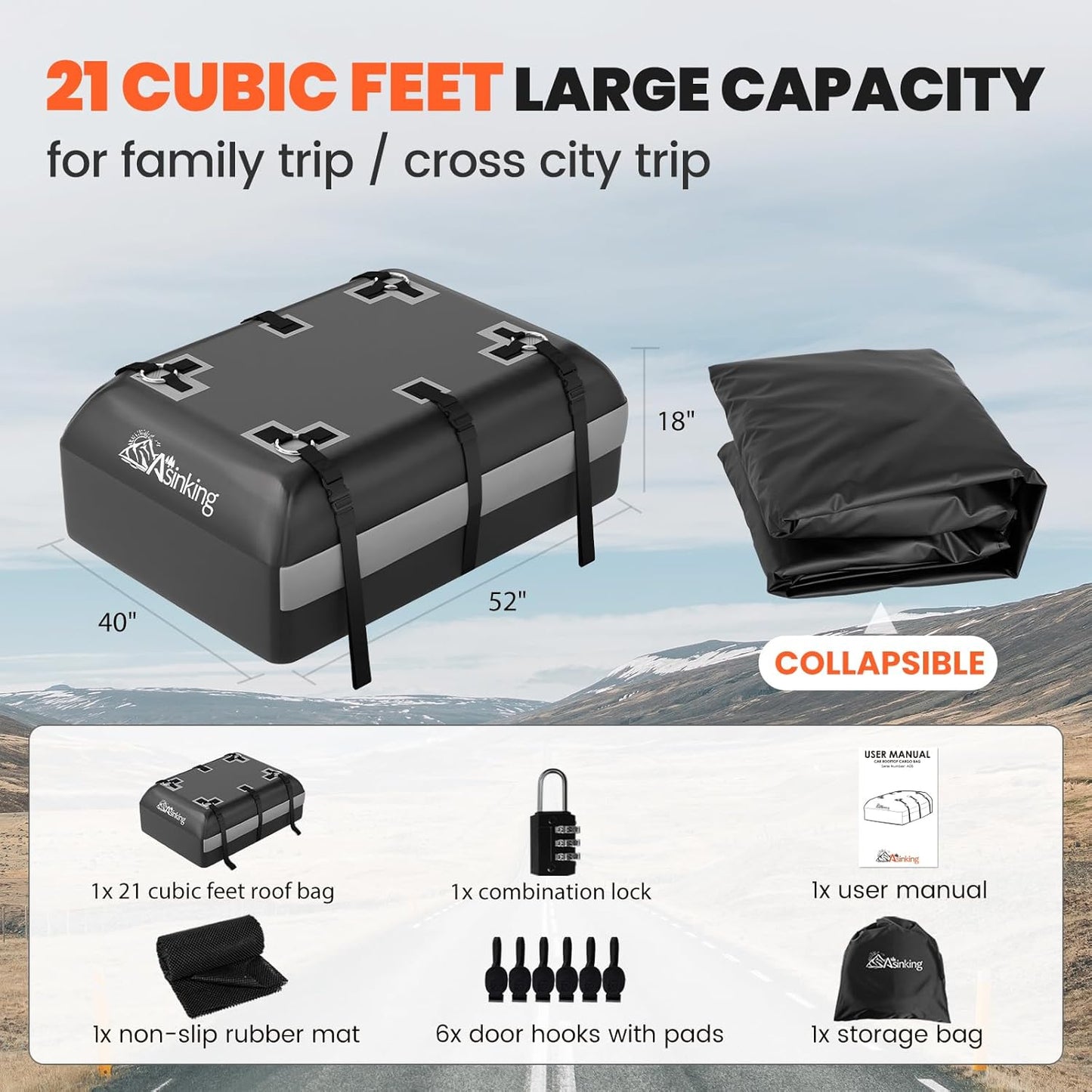 Asinking Car Rooftop Cargo Carrier Bag - 100% Waterproof Heavy Duty Car Roof Luggage Carrier 21 Cubic Feet, Fits All Vehicles with/Without Roof Rack - Easy Install & Triply Reinforced for Secure Use