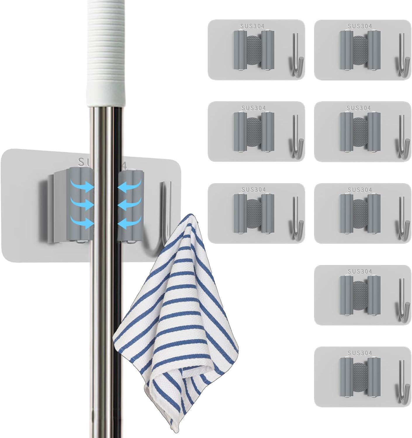 8 Pack Stainless Steel Mop Clips – Heavy Duty Wall Mounted Broom Holders, Rustproof & Tool-Free Install with Back Adhesive or Glue for Home and Garage