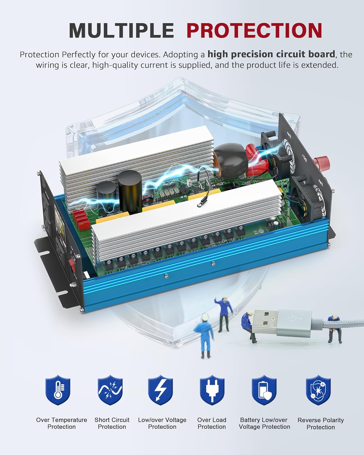 2000 Watt Inverter Pure Sine Wave DC 24V to 110V/120V AC Power Inverters with 3 AC Charger Outlets Car Solar Converter for Vehicles Home with LCD Display and 2.4A USB Charging Port