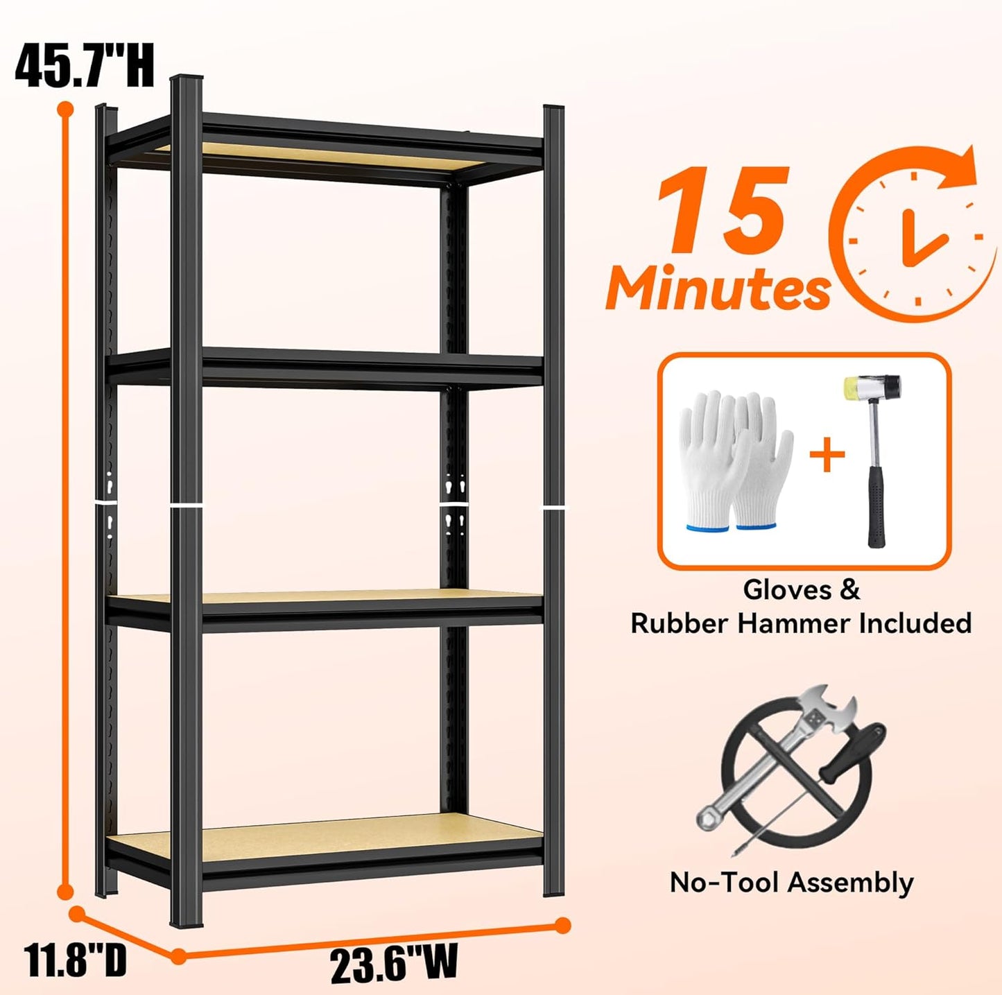 Garage Shelving, 4-Tier Adjustable Storage Shelves, Metal & Wood Pantry Shelf Organizer, Modern Garage Shelving Unit, Utility Storage, (Wood 45.7" H x 23.6" W x 11.8D)