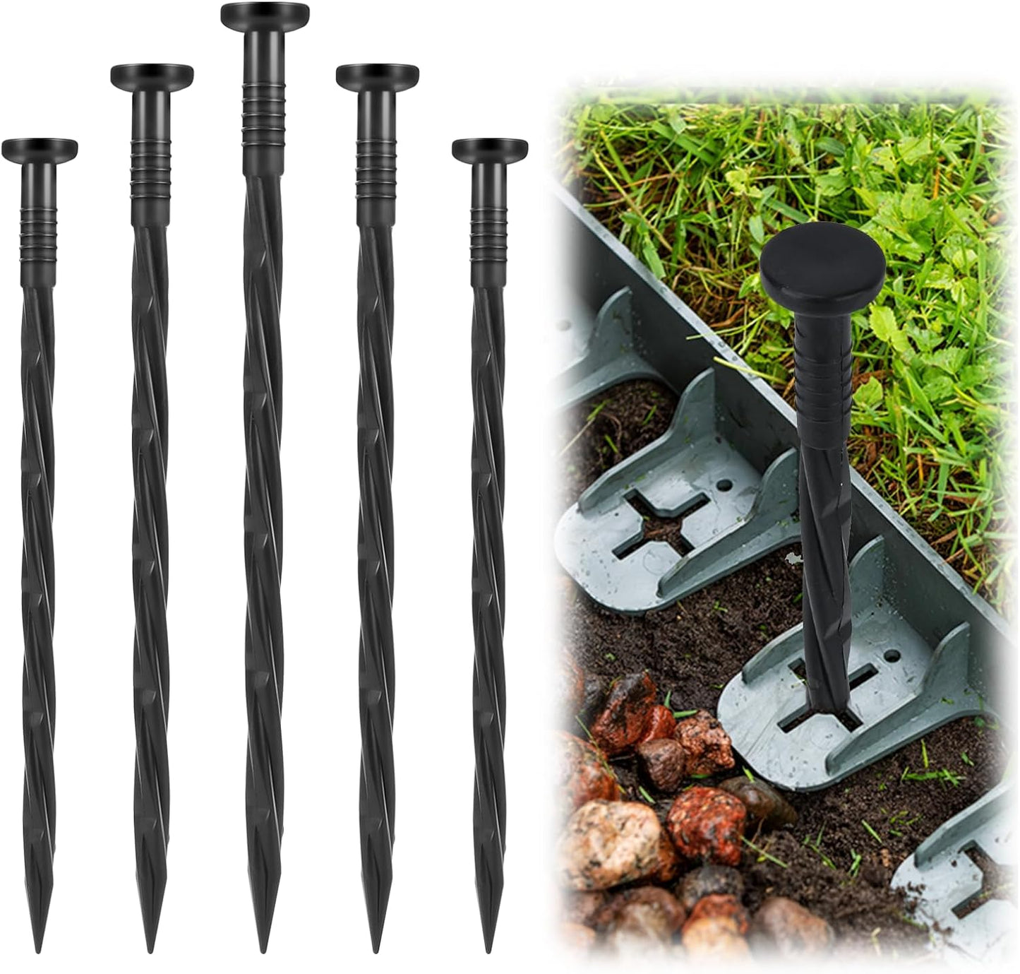Landscape Edging Stakes, 70 Pcs 8" Plastic Garden Spikes, Spiral Nylon Anchoring Spikes for Paver Edging, Weed Barriers, Artificial Turf, Tent, Grass Pathway and More, Black