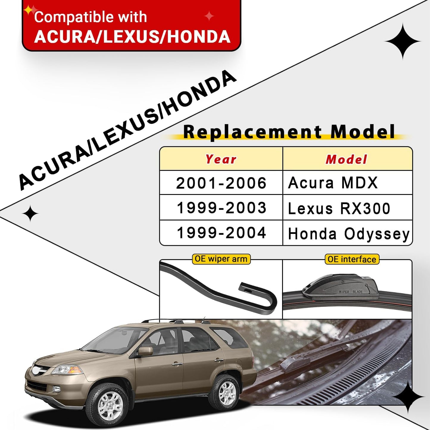 Windshield Wiper Blades Replacement for 1999-2004 Honda Odyssey / 1999-2003 Lexus RX300 Original Factory Quality Front Rear Wipers Blade Set for My Car - 24" 21" 16"