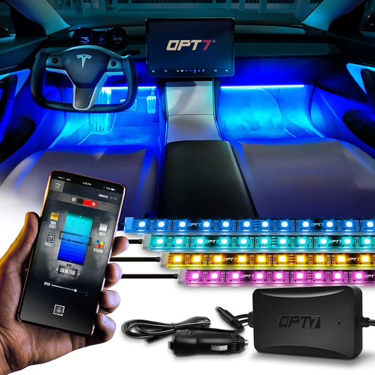 OPT7 Aura Pro Interior Car Lights with App & Remote Control, RGB Color Change, Music Sync Inside Ambient Lighting Kit, Car SUV Van Under Dash Decor, 12V Charger Adapter, 4PC Single Row LED Strip