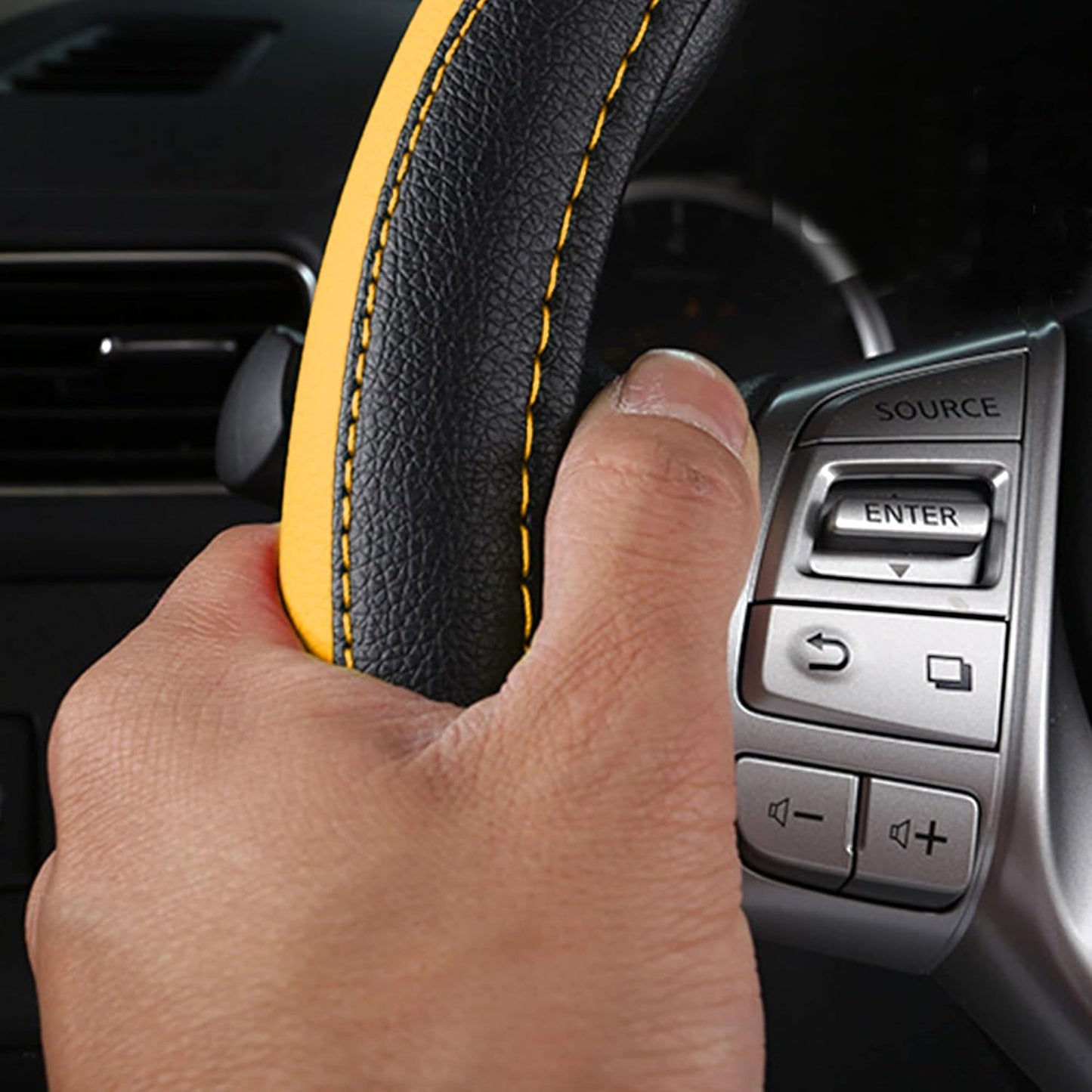 Leather Car Steering Wheel Cover, Non-Slip Car Wheel Cover Protector Breathable Microfiber Leather Universal Fit for Most Cars (Black&Yellow)