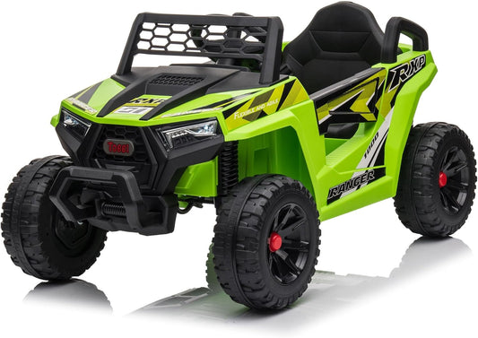 TOBBI 12V Kids Ride on Car, Electric Off-Road UTV Truck with Forward and Reverse Functions, Double Open Doors, Safety Belt, Horn, Music, and Lights for Kids Aged 3-5 Years (Fluorescent Green)