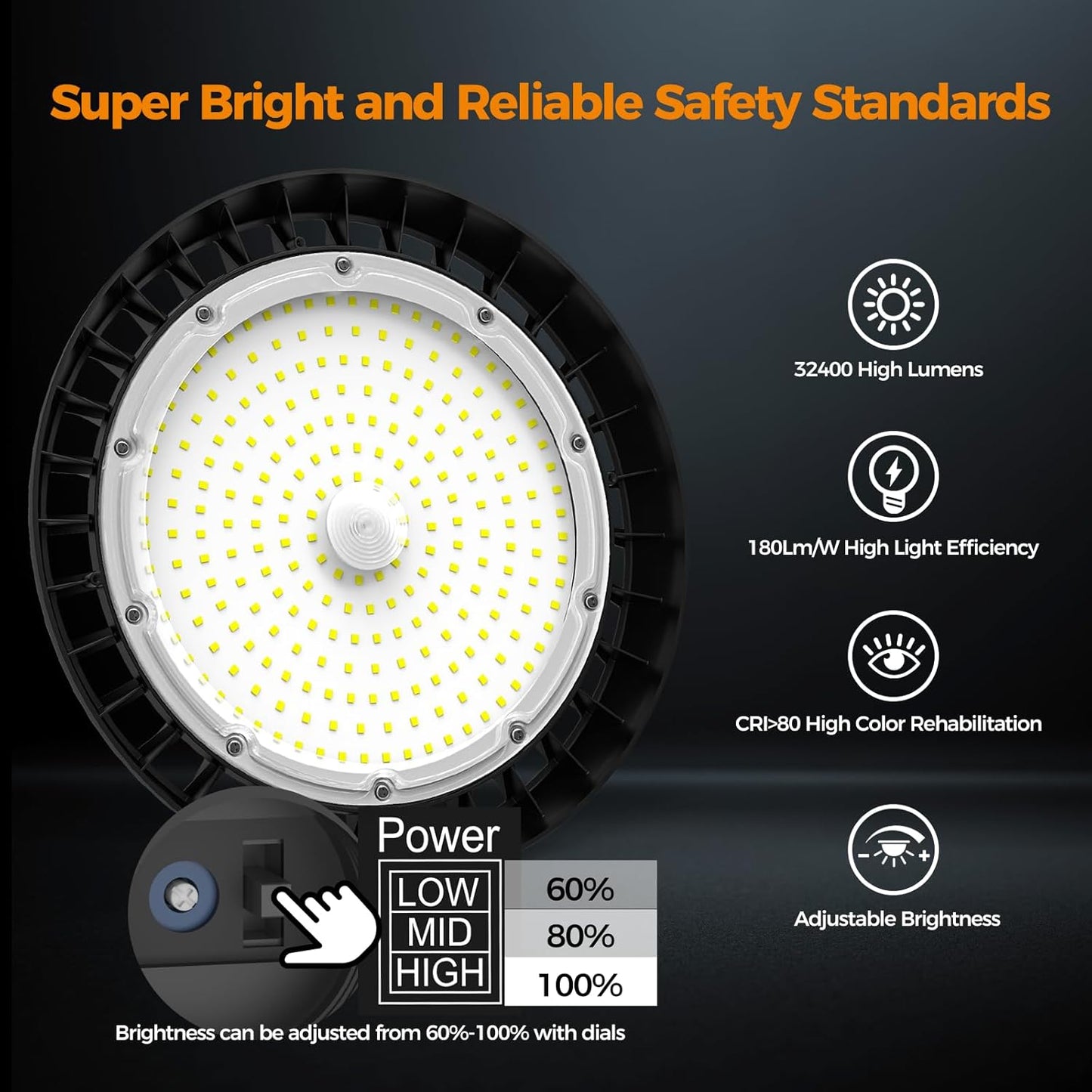 LED High Bay Lights 180W UFO Shop Lights 32400 LM 6000K Commercial Bay Lighting Fixture IP65 5ft Cable Plug & Play for Warehouse Factory Garage Workshop Barn 2 Pack