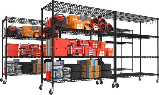 PrimeZone 5 Packs 55.5" W x 24" D x 80" H Heavy Duty Wire Storage Shelves with Wheels, 4 Tier Adjustable NSF Certified Garage Shelving Unit, Rolling Metal Organizer Shelf Rack for Warehouse, Pantry