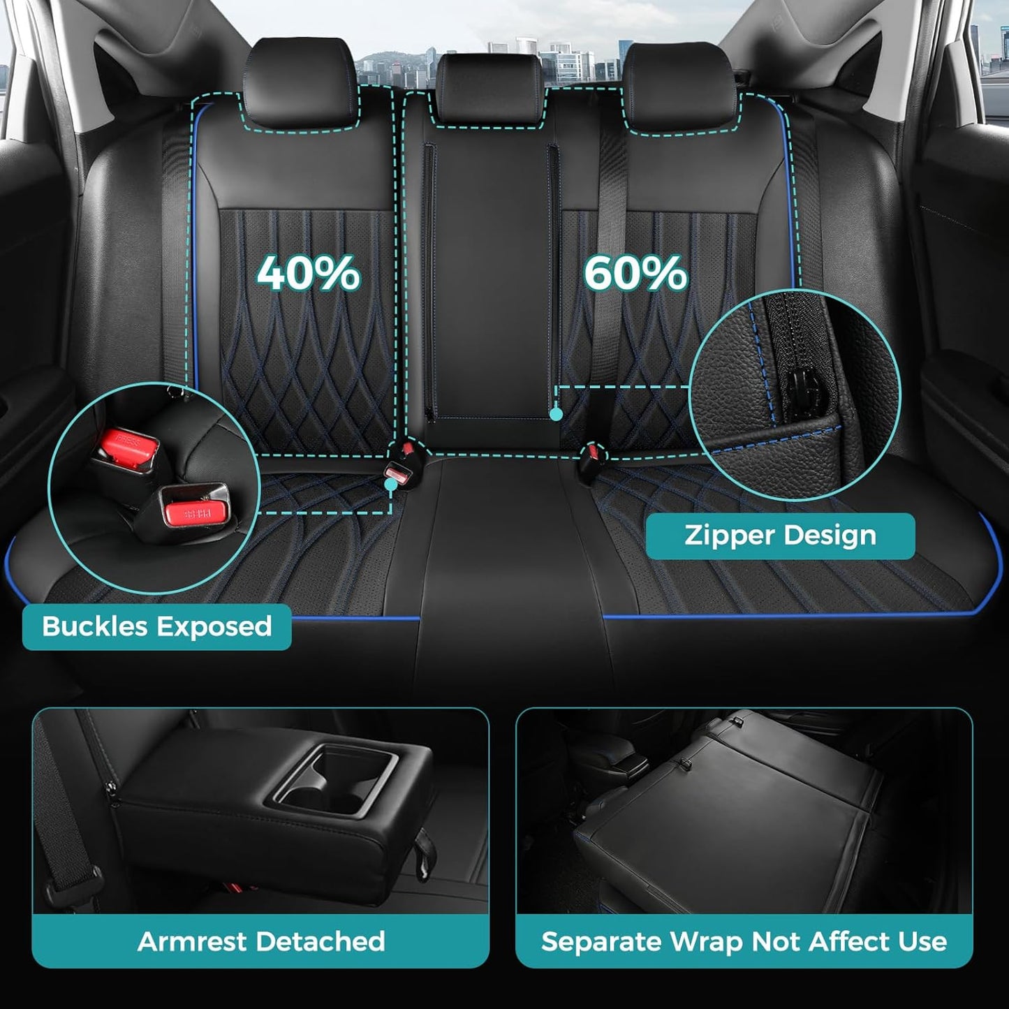 Seat Covers for Honda Civic Sedan LX 2016 2017 2018 2019 2020 2021, Faux Leather Car Seats Cover Full Set (Rear Row Solid & No Folding Backrest)-BlackBlue