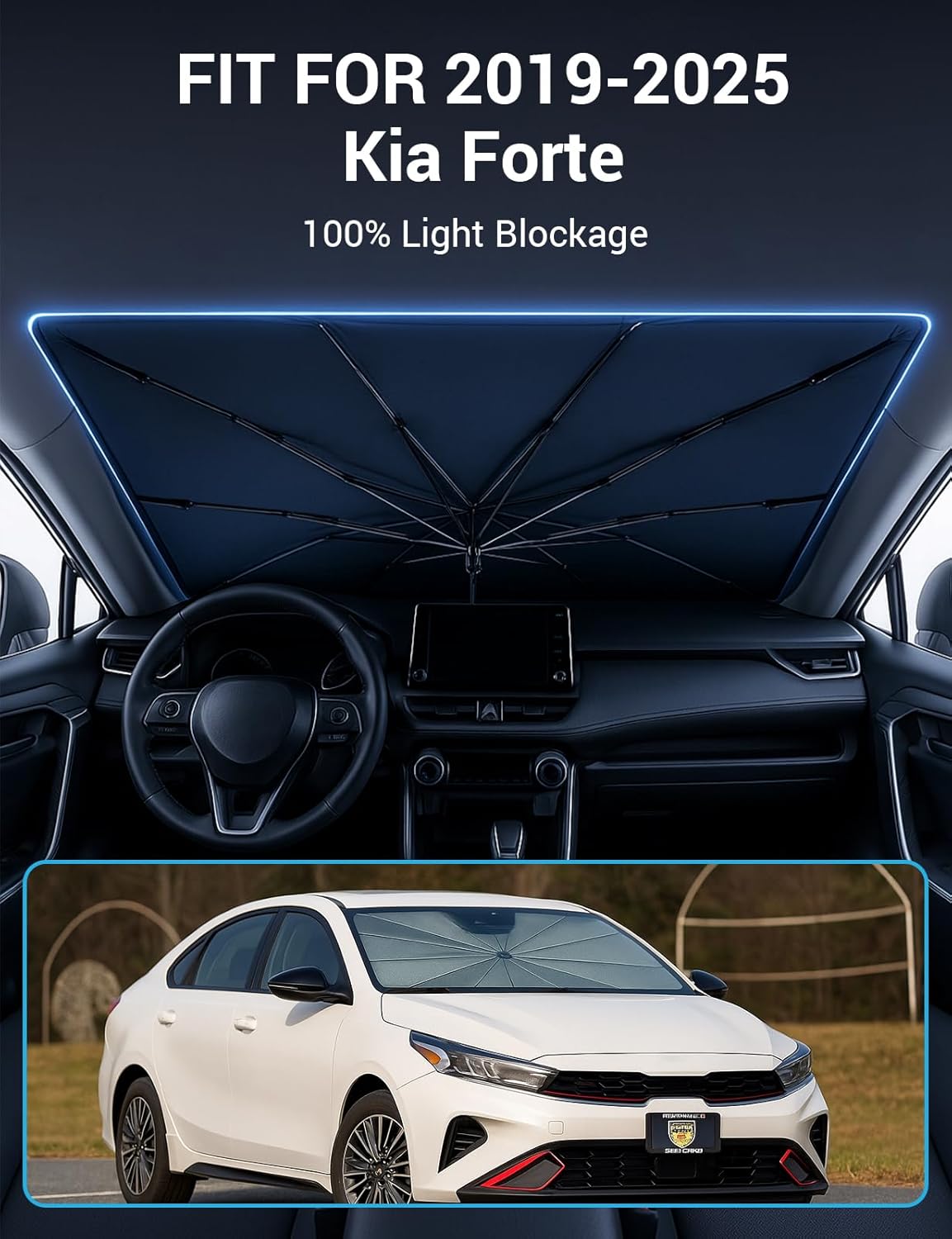 Proadsy Windshield Sun Shade Umbrella for Kia Forte 2019-2025 Foldable Car Umbrella Sunshade with Soft TPU Handle Spring Structure Crystal Cooling Material Protect Car from Rays & Heat