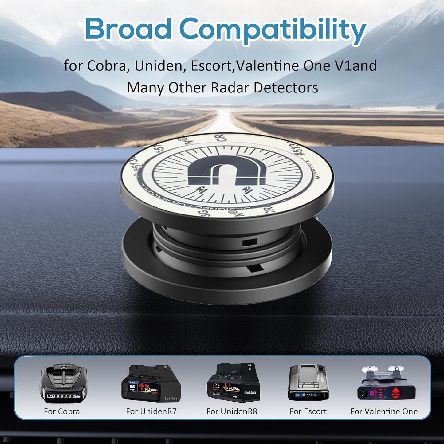 Magnetic Radar Detector Dashboard Mount - Adhesive Holder for Escort,Cobra，Uniden, Valentine One，All Radar Models - Anti-Vibration Stable Fit, Unobstructed View Design - Universal Car Accessory
