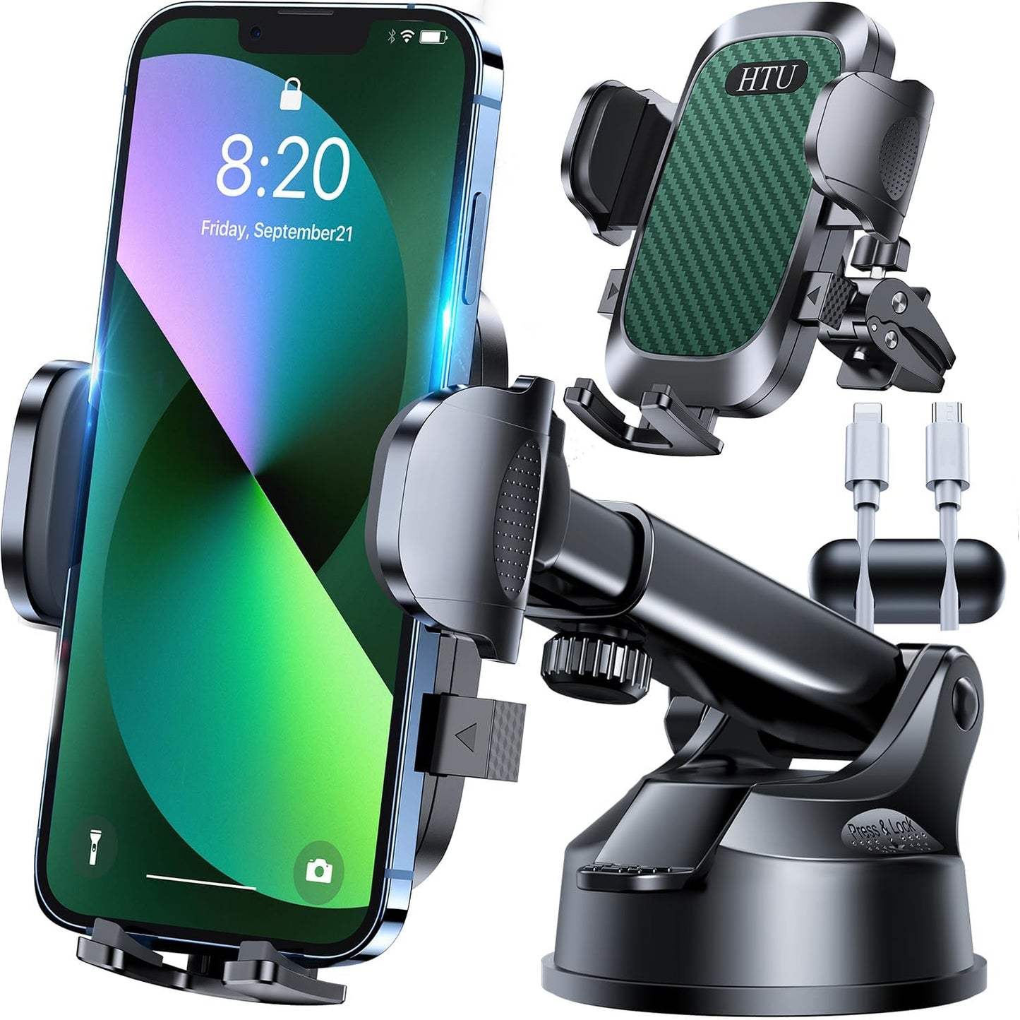 HTU [True Military-Grade] 2025 Upgraded Car Phone Holder 【Safety Certs & No Smell】 Cell Phone Holder for Car Mount for Dashboard Windshield Air Vent Long Arm Thick Case,Green