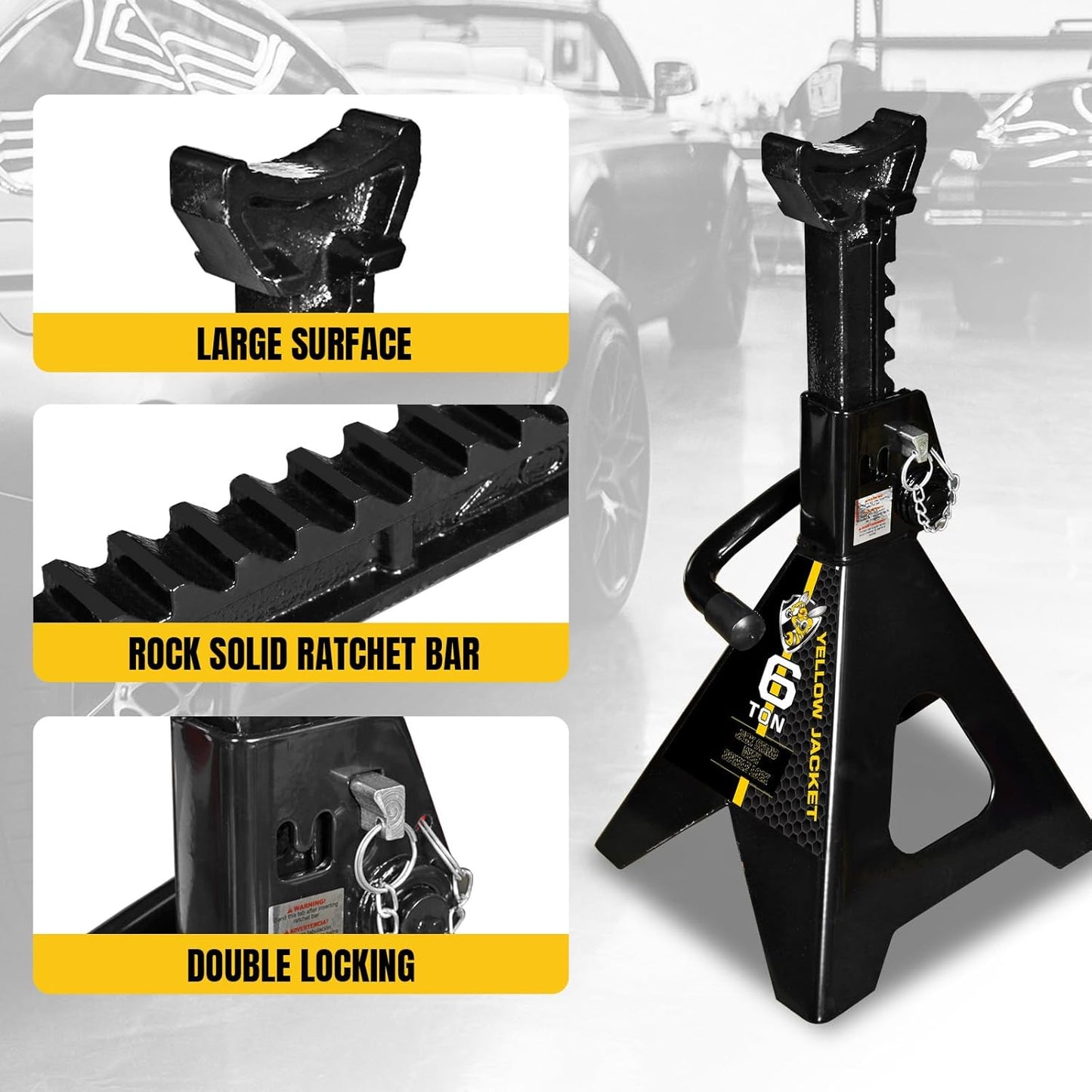 YELLOW JACKET Jack Stands 6 Ton with Double Locking for Lifting Car SUVS, Heavy Duty Steel, 13000 lb Capacity, 1 Pair, Black