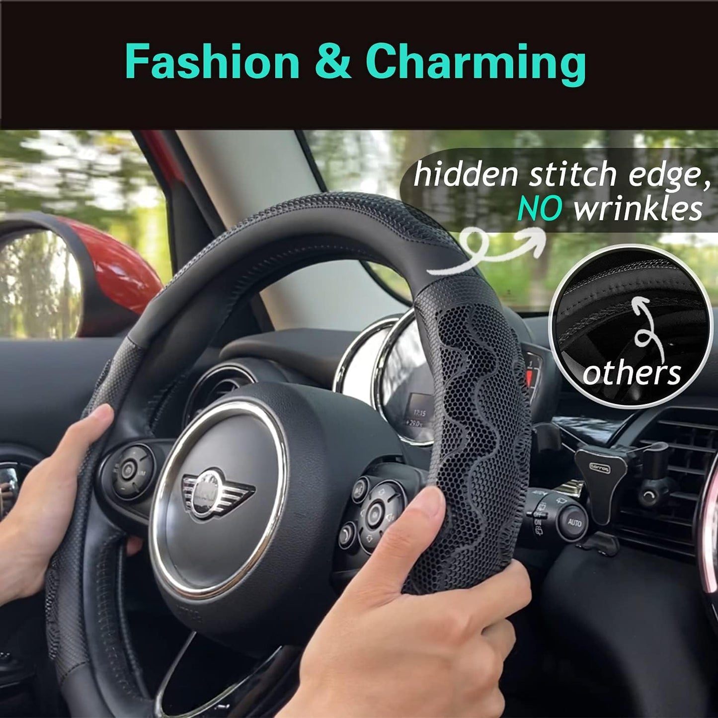 PINCTROT Small Size Steering Wheel Cover Great Grip with 3D Honeycomb Anti-Slip Design, 14 Inch (All Black)