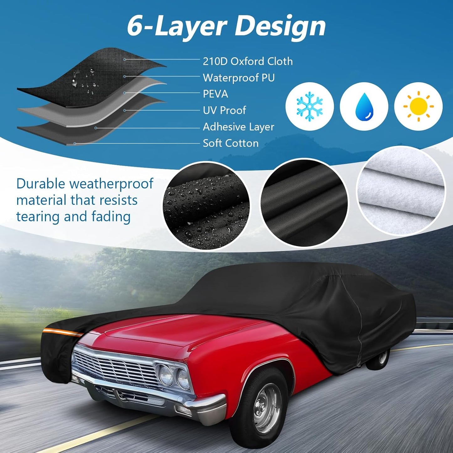 Car Cover for Chevy Caprice 2/4 Door Biscayne/Coupe/Sedan 1966-1996, Waterproof 210D Oxford Cloth and Cotton Cover Outdoor Full Car Covers with Zipper Windproof Heavy Duty All Weather Protection