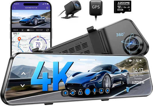 AZDOME PG17 12" 4K Mirror Dash Cam Front and Rear, Wi-Fi 6 Rear View Mirror Camera with 64GB Card, Voice Control Dash Camera for Car, Rearview Mirror Camera with GPS Night Vision Parking Assistance