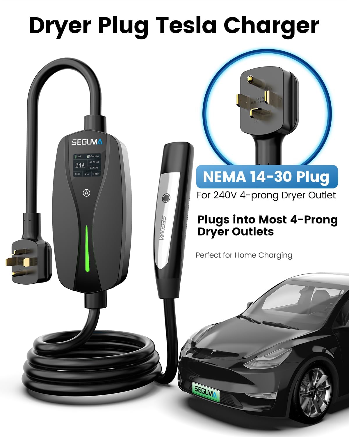 Level 2 Tesla Charger-24Amp 240V, NEMA 14-30 Plug, 25FT Extension Cable, Adjustable Current (10-24A)-Portable Home Mobile EV Charger for Model Y/X/3/S/Cybertruck, Fit 4-Prong Dryer Outlet