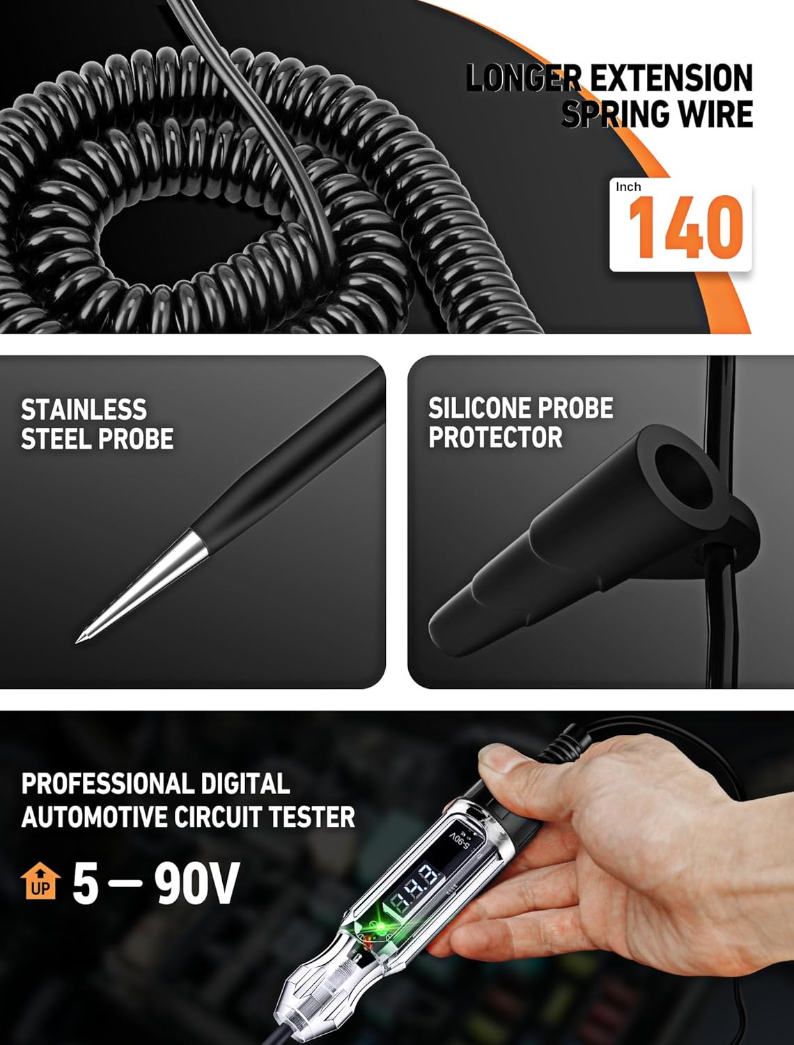 Automotive Test Light, Heavy Duty 5-90V Digital LED Electrical Tester, Circuit Tester with 140 Inch PU Spring Wire, Voltage Tester Pen for Checking Vehicle Car Truck Motorcycle Boat
