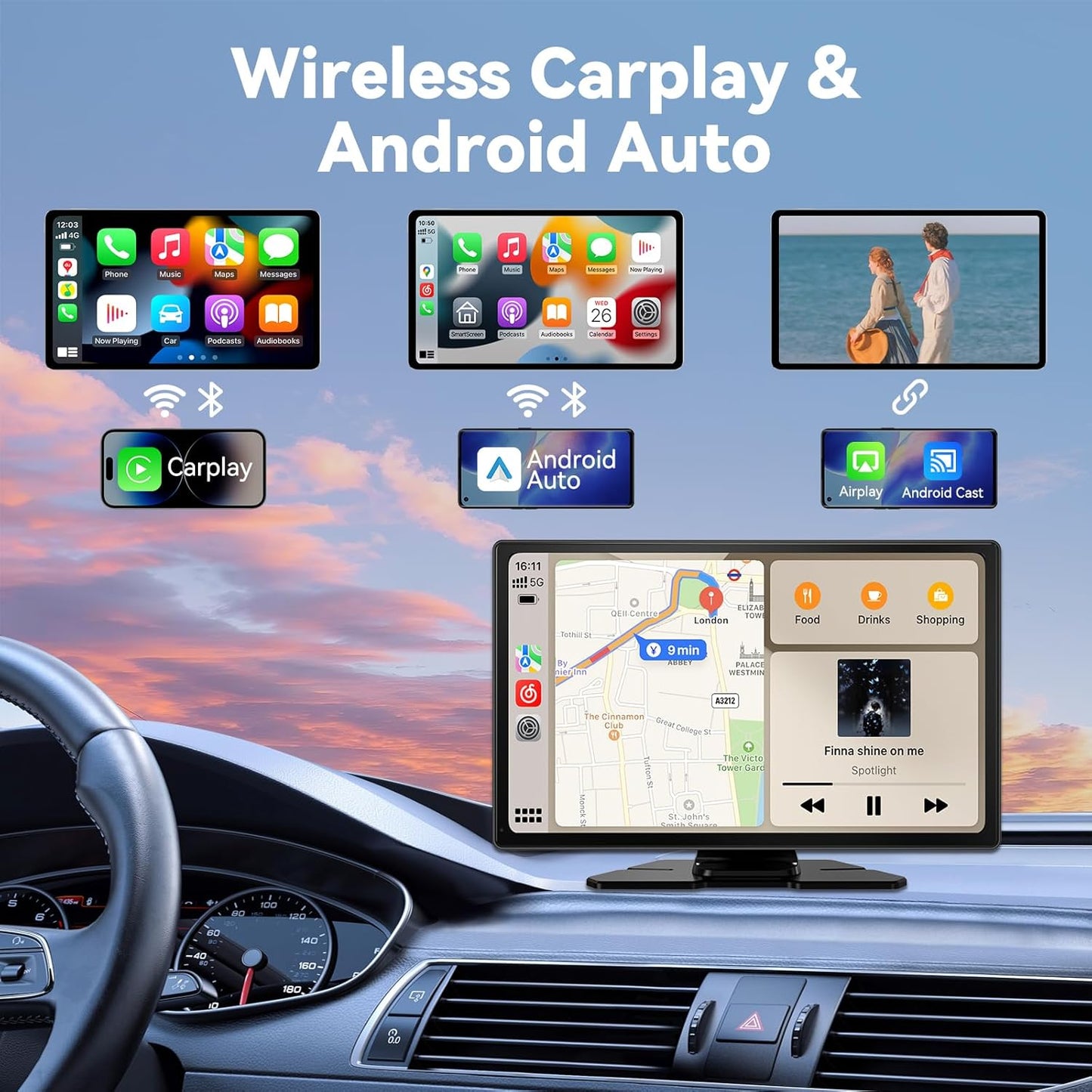 Wireless Carplay Screen for Car, 9" Android Auto Screen with 4K Dashcam, A-pple Carplay Screen for Car with 1080p Backup Camera, Mirror Link, TF Card, GPS Navigation, Bluetooth, AUX, FM, Voice Control