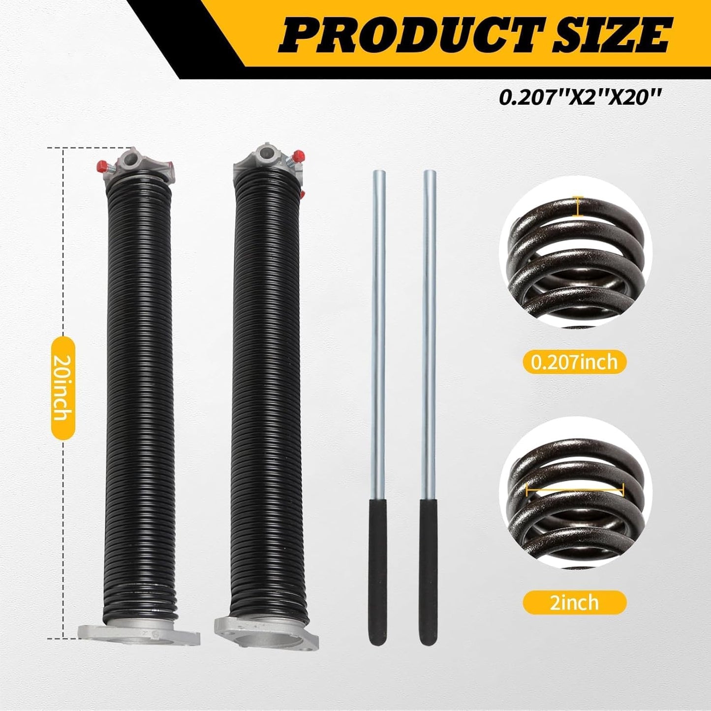 Pair of 2"Garage Door Torsion Springs Set with Non-Slip Winding Bars, Electrophoretic Coated (0.207X2"X20")
