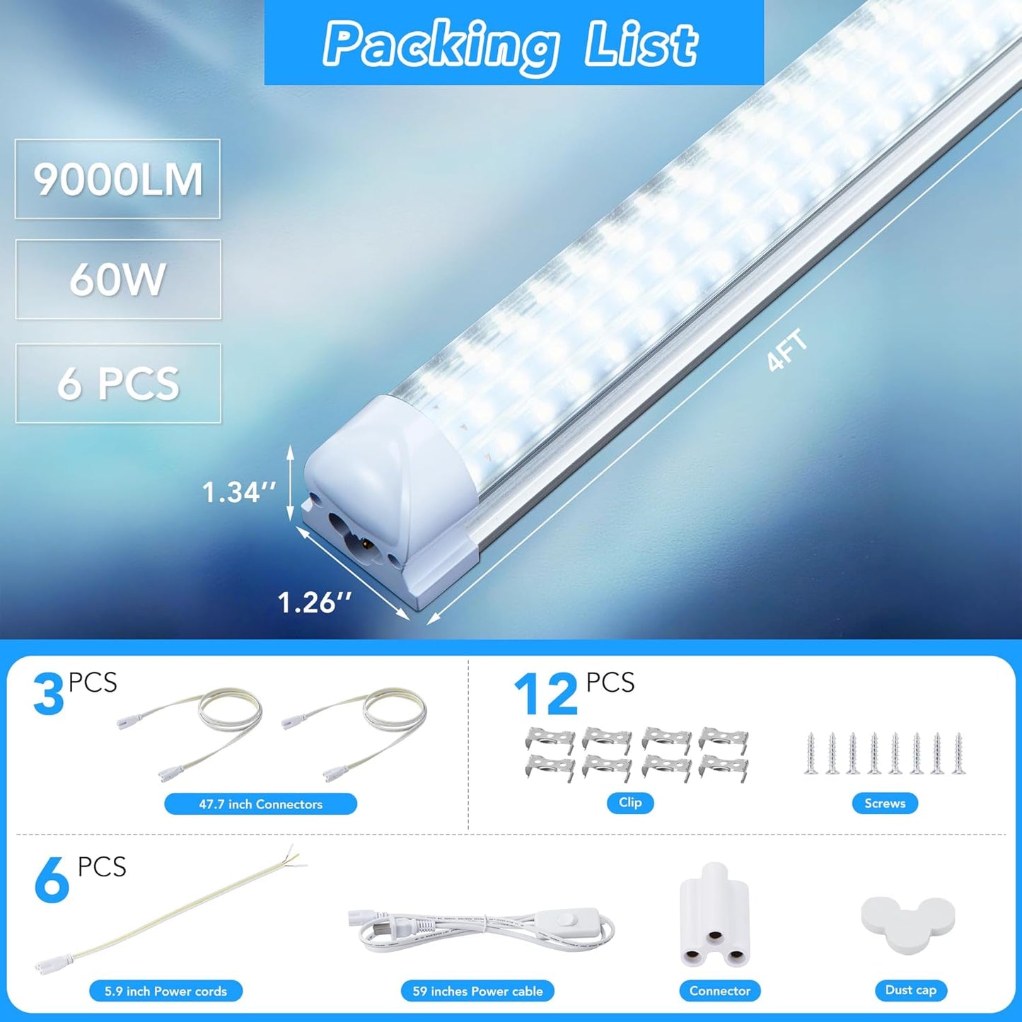 T8 LED Shop Lights 4FT Garage Light, 6 Pack 60W 9600LM 6000K Daylight Work Lights Ceiling LED, Linkable, Plug & Play, Energy-Saving for Warehouse Basement Room(V8)
