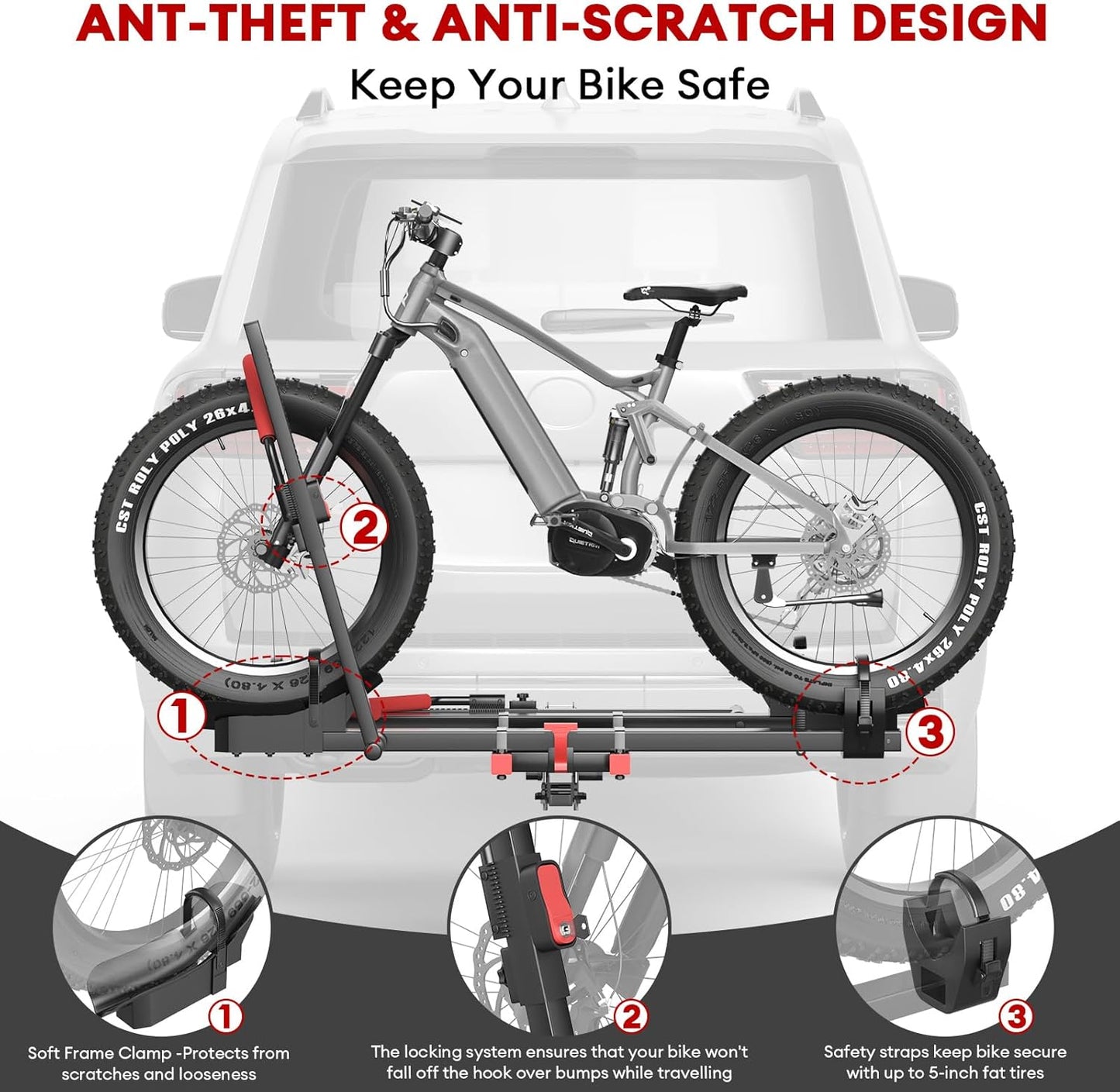 Hitch 2 EBike Rack with Ramp, 170lbs Capacity Foldable Electric Bike Carrier for 2 Heavy Ebike, Up to 5" Fat Tire Bicycle for 2" Receiver for Car, SUV, RV, Truck, Black