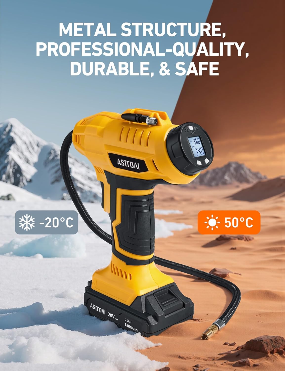 AstroAI Cordless Tire Inflator Air Compressor 20V Rechargeable Battery Powered 160PSI Portable Air Pump with 12V Car Power Adapter Digital Pressure Gauge for Cars Motorcycles JY16P160-18（C2）Yellow