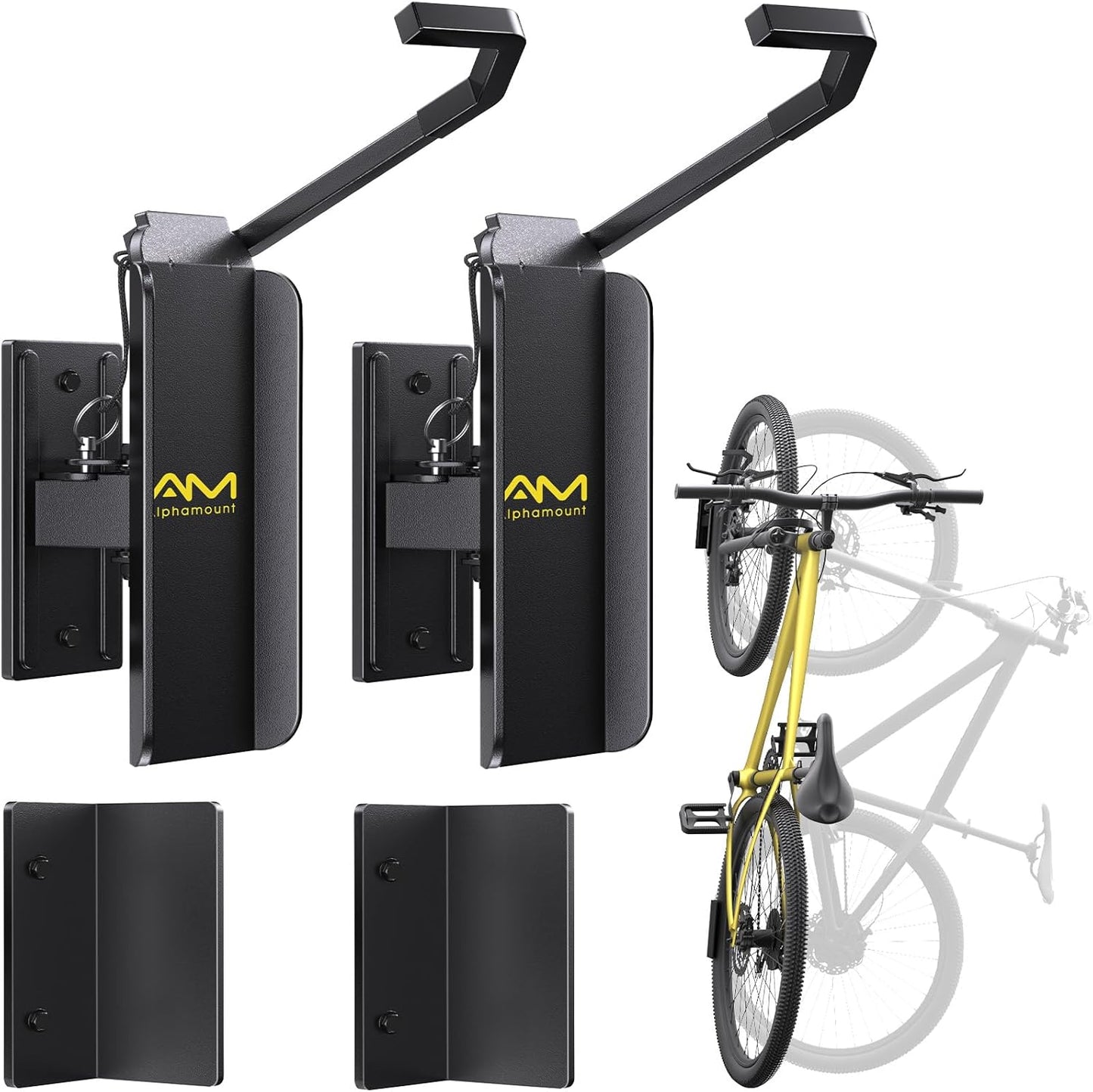 AM alphamount Swivel Bike Wall Mount, Metal Wall Bike Rack with Durable Sleeves, Space-Saving Vertical Bike Rack with 180° Swivel for Home and Garage, Bike Storage Hanger Mount Up to 66 lbs, 2-Pack