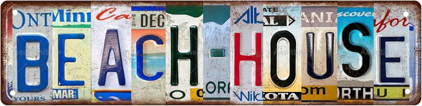 BEACH HOUSE Non-Embossed Vintage Metal Tin Street Sign Bar Cafe Garage Cave Home Room Wall Bathroom Farmhouse Garden Porch Patio Decor, 16 x 4 Inch